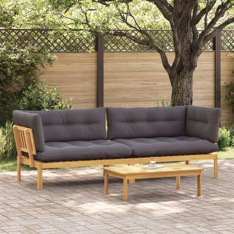 Set di divano da giardino a L vidaXL in legno di acacia con cuscini, colore marrone e grigio