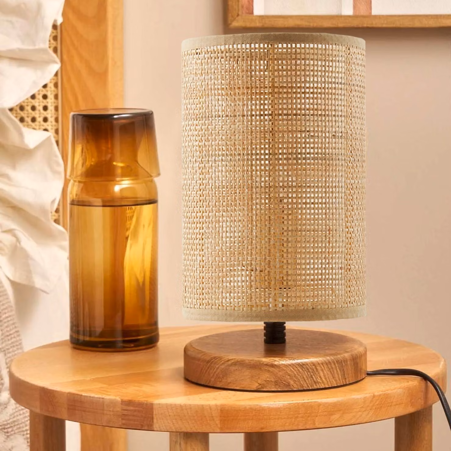 Opviq, lampada da tavolo di alta qualità, legno, rattan, color crema, attacco E14, 31 cm: 12345