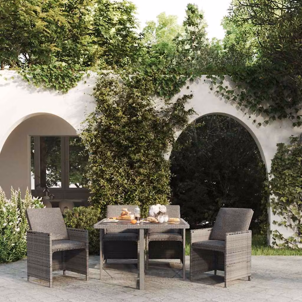 Set da pranzo da giardino vidaXL in polyrattan e vetro grigio con 5 pezzi e cuscini