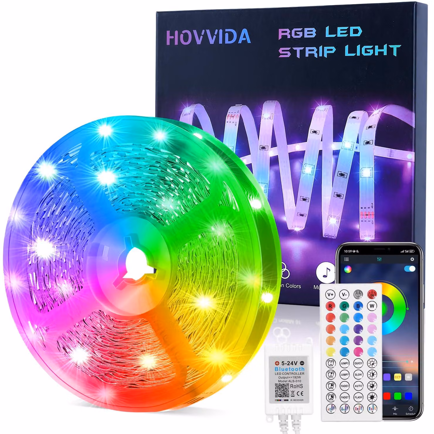 Striscia LED HOVVIDA, 15 metri, 1 x 15 metri, 30 LED al metro, striscia LED RGB, 450 LED, controllo tramite app e