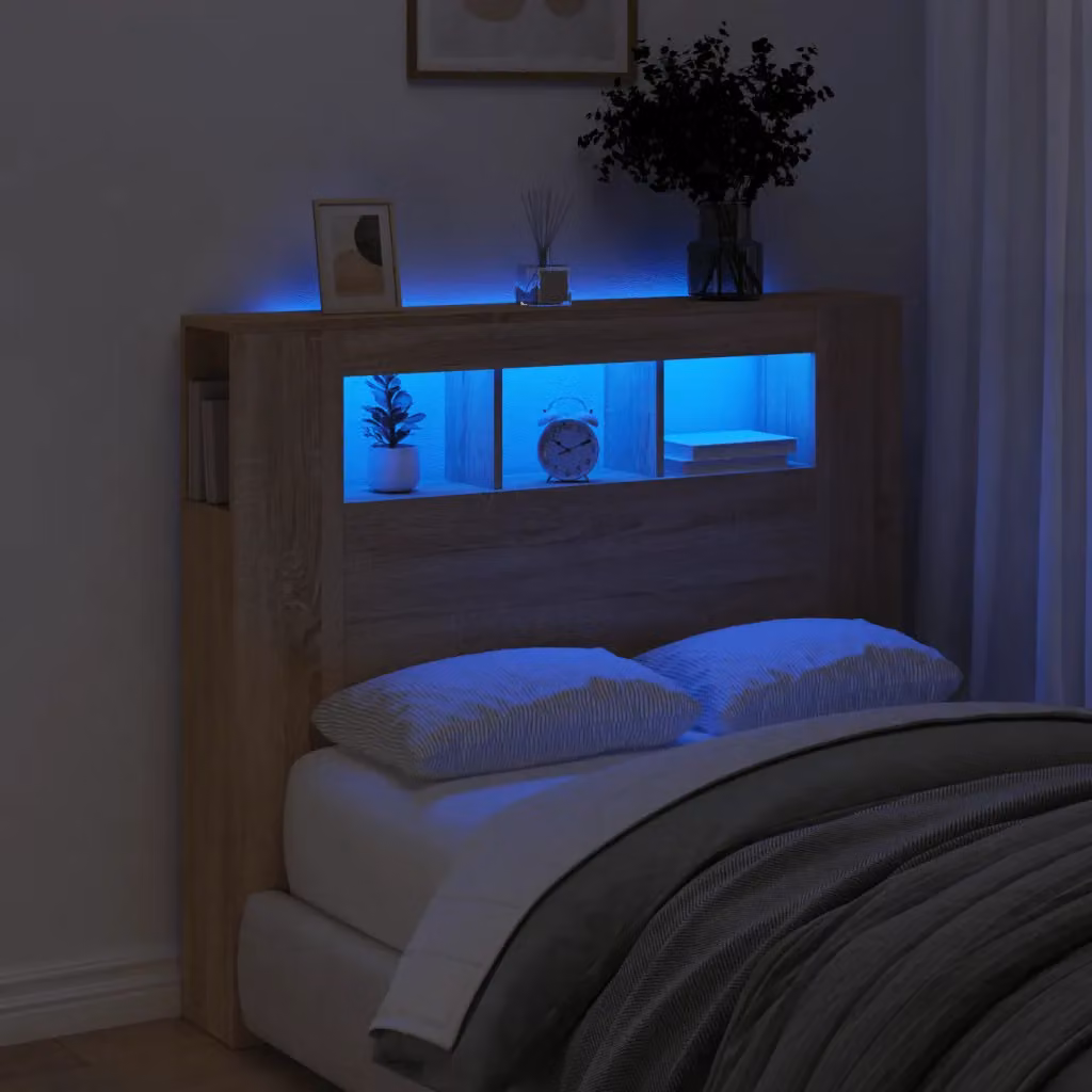 Testiera con LED vidaXL in Rovere Sonoma, Legno Multistrato Marrone con Porta USB e Ripiano Integrato, L 120 x P 18,5 x H 103,5 cm