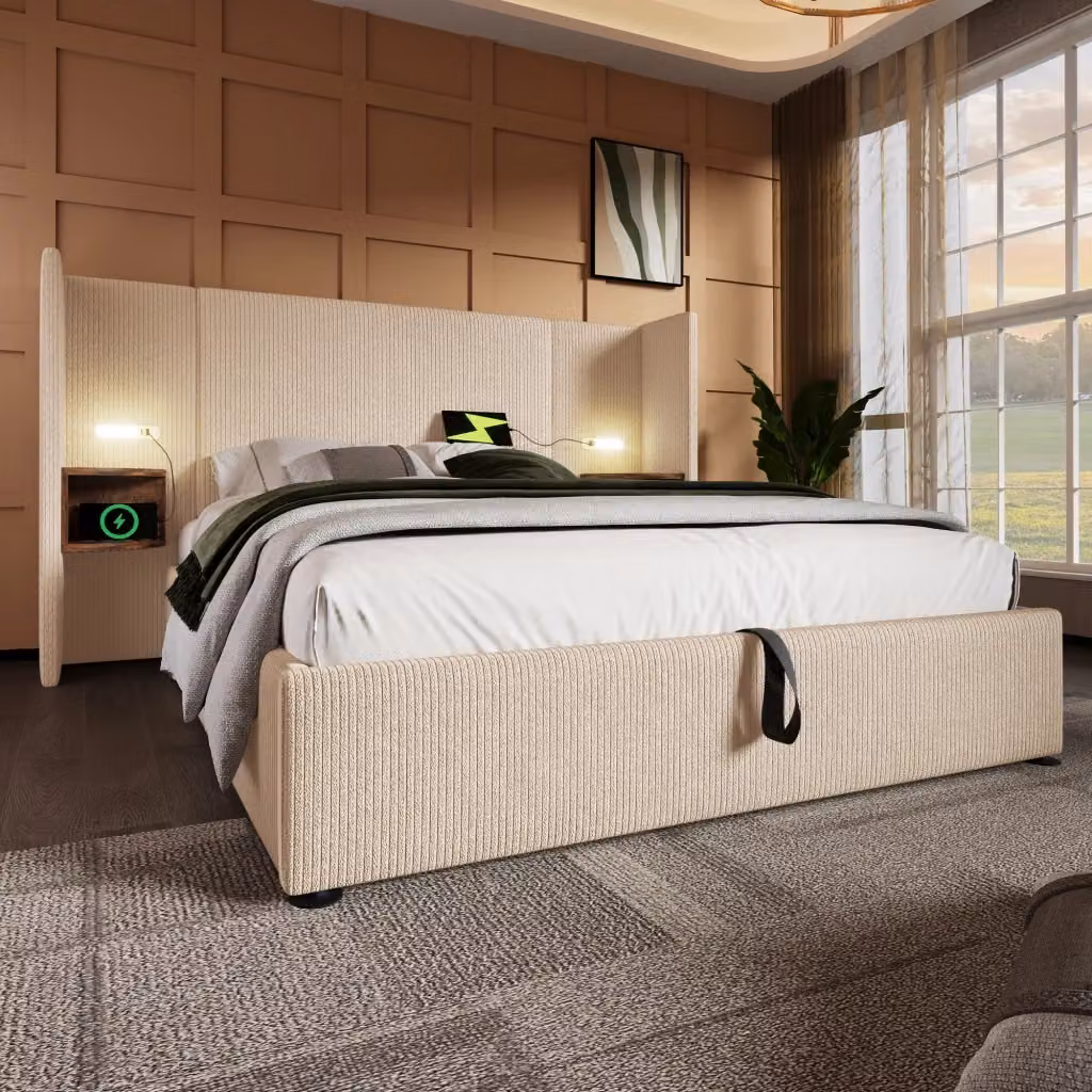 Letto matrimoniale contenitore OKWISH in tessuto beige con ripiano, lampada da lettura e porte USB e Type-C, L/P/H: 160 x 200 x 232 cm – 2