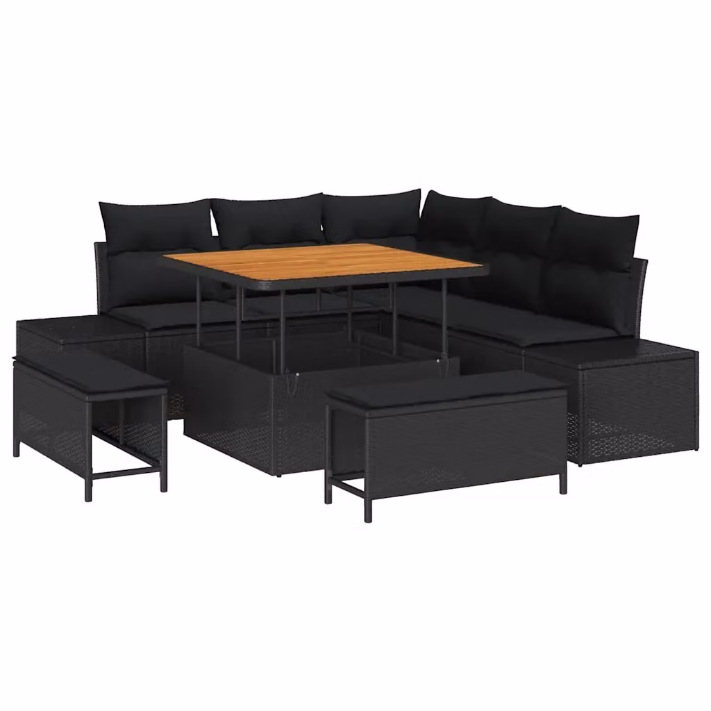 Set Divano da Giardino Moderno vidaXL a Forma di L con 8 Pezzi, Nero, con Cuscini e Tavolino, Struttura in Acciaio e Legno di Acacia – 2