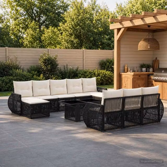 Set Divano da Giardino Moderno vidaXL in Polyrattan Nero e Bianco con 11 Pezzi e Cuscini Inclusi