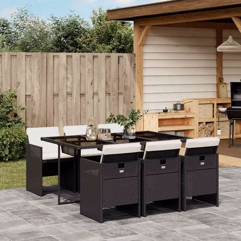Set da Pranzo da Giardino vidaXL 7 pz in Polyrattan Nero con Piano in Vetro