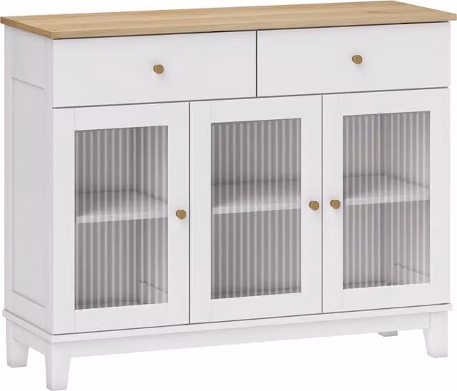 Credenza Buffet HOMCOM per Cucina e Soggiorno con 2 Armadietti e 2 Cassetti, Ante in Vetro Temperato Scanalato e Ripiani Regolabili, Bianco e Rovere, L: 100 cm, P: 35 cm, H: 80.3 cm