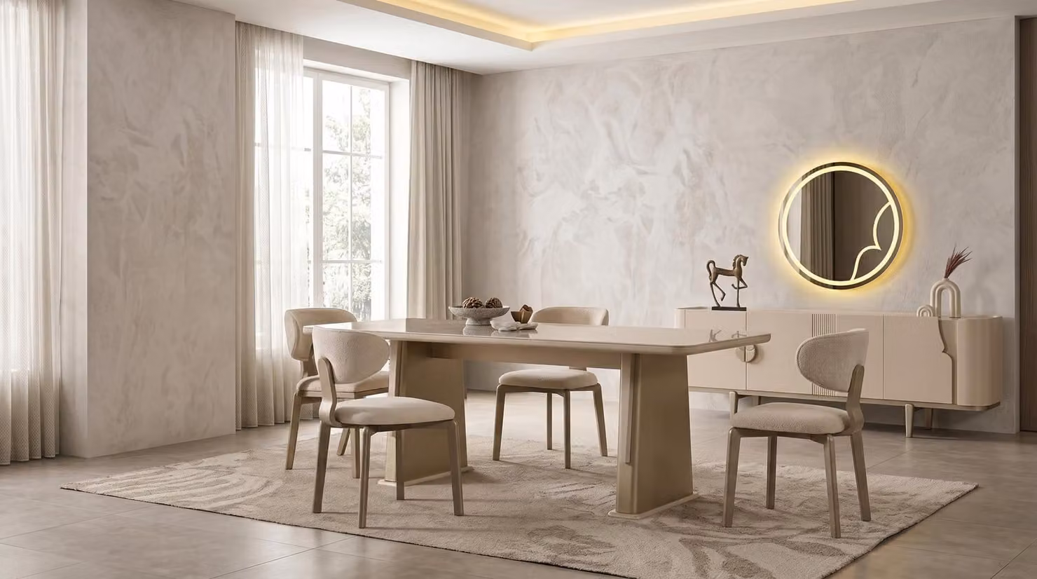 Set per sala da pranzo: tavolo, sedie, consolle con specchio. Stile moderno. Colore beige