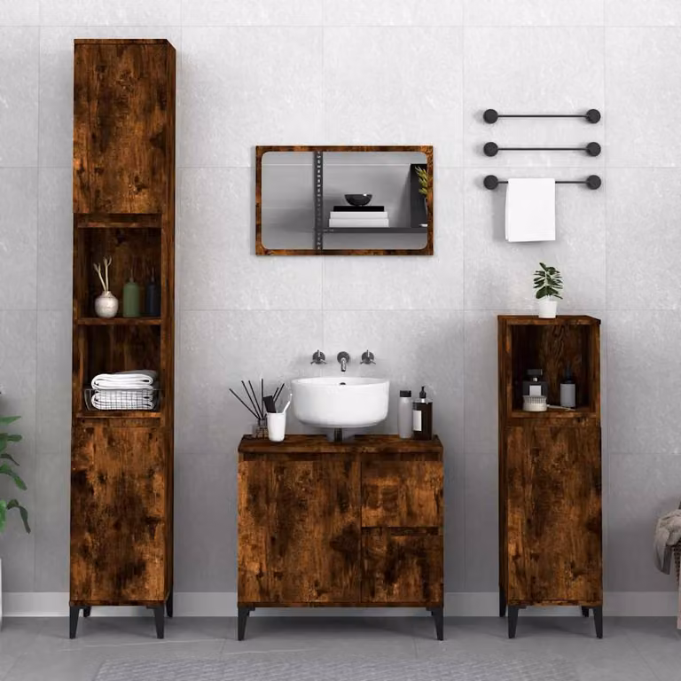 Armadietto da bagno vidaXL in legno rovere fumo con ante a cerniera, L/P/H: 30 x 30 x 100 cm