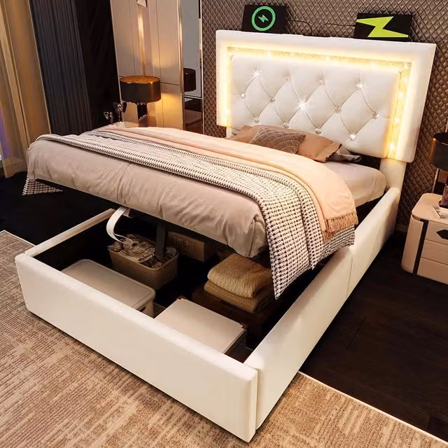 Letto imbottito-Xylo-90x200cm LED diamante USB-C idraulico velluto beige senza materasso