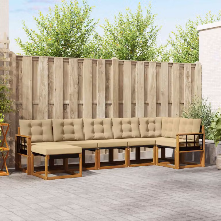 Set di divani da esterno vidaXL a forma di L composto da 7 pezzi in legno di acacia con cuscini beige e marrone