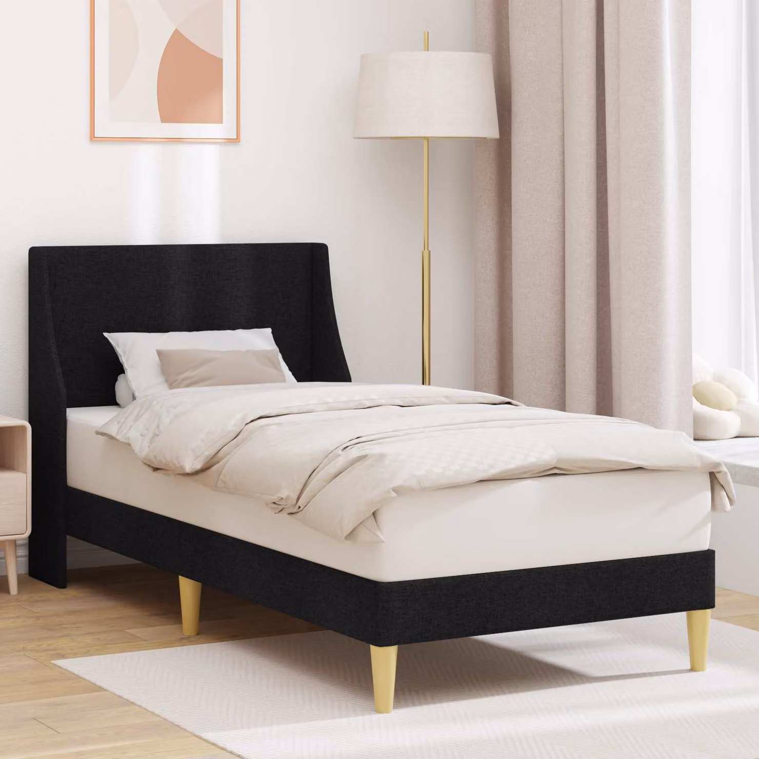 Struttura del letto moderna vidaXL in tessuto nero con telaio rigido e doghe a arco L 90 x P 200 cm
