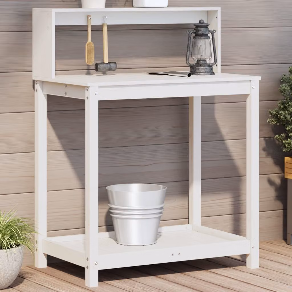 vidaXL Tavolo da giardino in legno di pino massello con ripiani, Bianco, L 82,5 cm x P 50 cm x H 109,5 cm