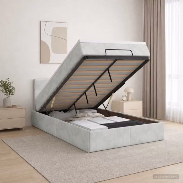 Letto moderno con contenitore a sollevamento vidaXL in velluto grigio e bianco L/P/H: 193 x 120 x 88 cm