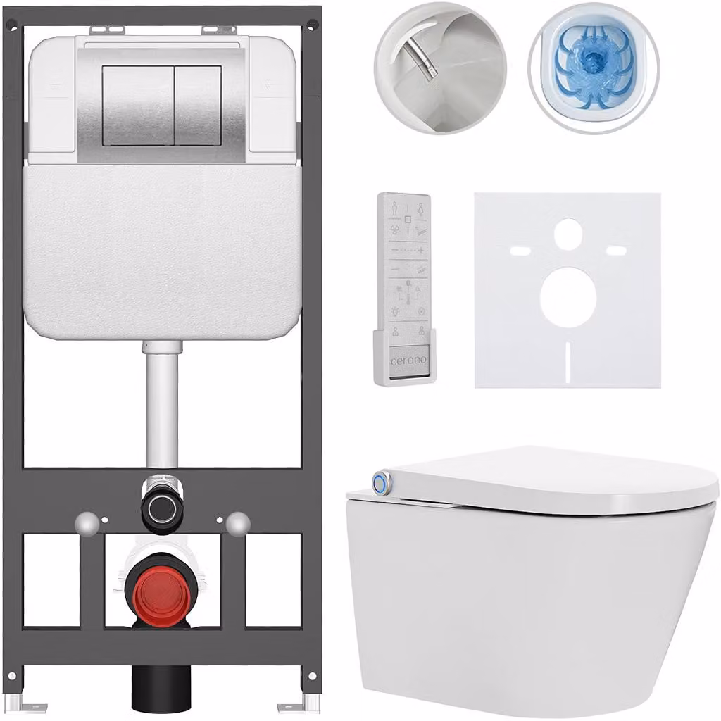 WC sospeso con bidet Basic/Cronus Premium - bianco lucido - pulsante WC Maxio/Argento - sospeso - installazione a parete - 59,3x38,4 cm