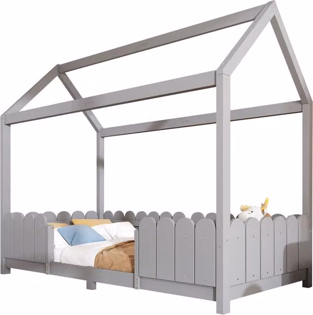 Letto casetta per bambini Chicfurn in legno di pino grigio con sponda di sicurezza L/P/H: 200 x 90 x 120 cm – 1
