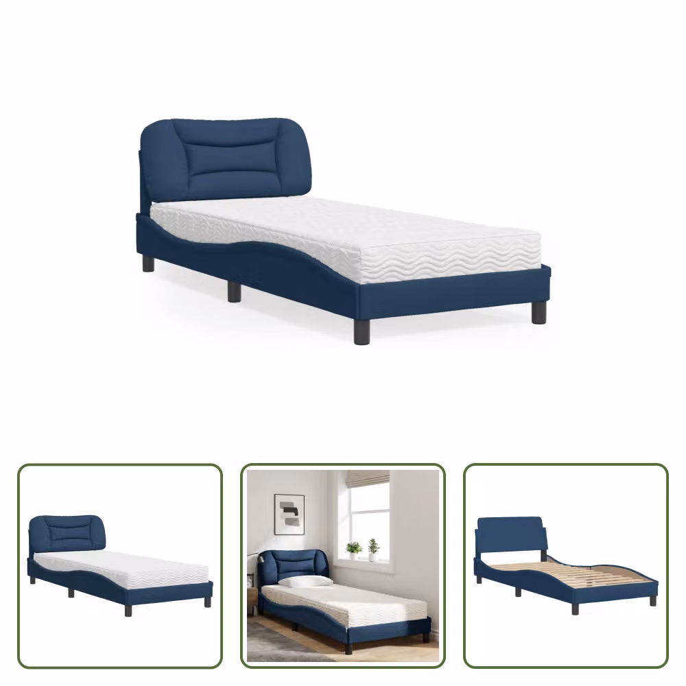 The Living Store Letto con materasso blu 90x190 cm in tessuto