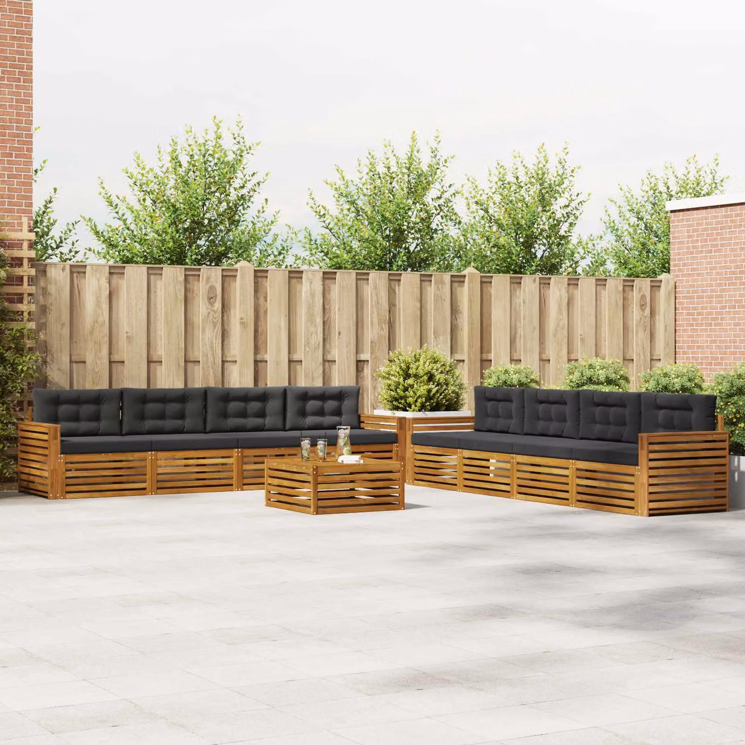 vidaXL Set di divani da esterno a forma di U composto da 9 pezzi in legno di acacia con cuscini, colore Antracite e Marrone