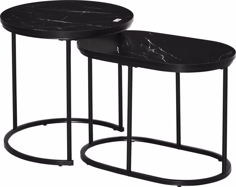 Set da 2 tavolini da salotto rotondi-ovali, fino a 30 kg, impilabili, in MDF e acciaio nero, Ø 50 x 50 x 50,5 cm, per soggiorno, nero, 50 cm, 50 cm, 50,5 cm, rotondi, acciaio