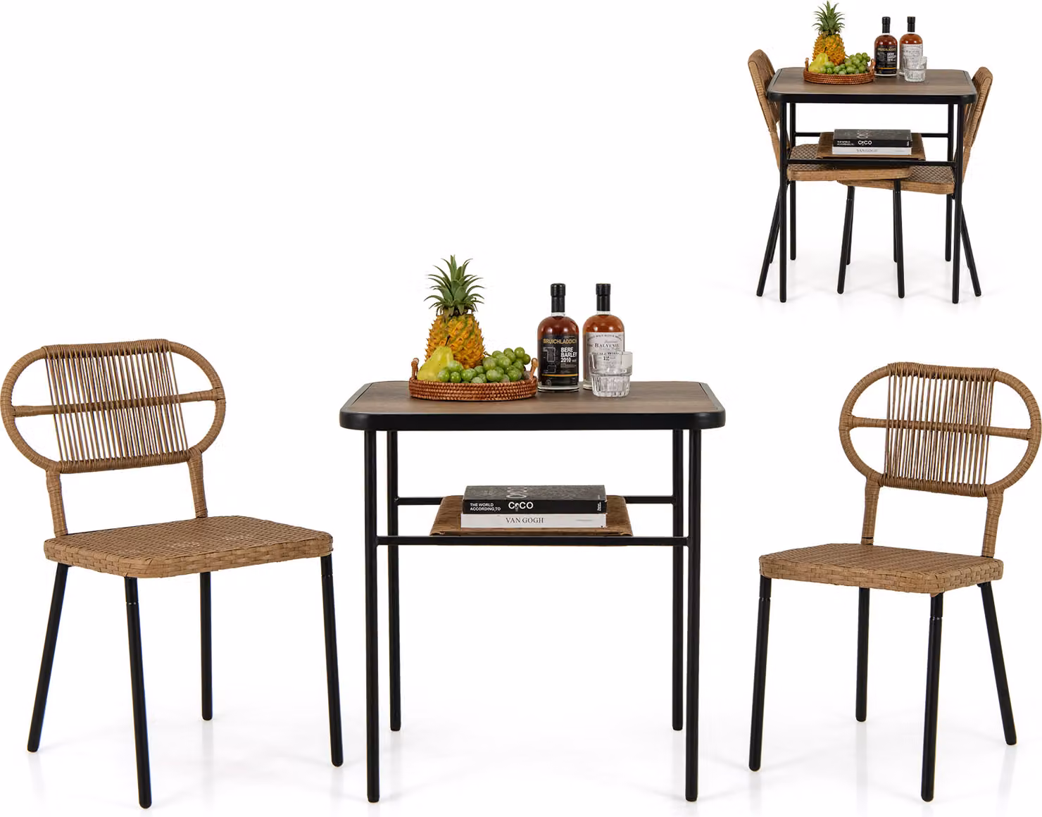 COSTWAY 3-TLG. Set di mobili da giardino, mobili da balcone con 2 sedie in rattan e tavolo da pranzo, mobili da patio in rattan salvaspazio, gruppo di sedute da esterno