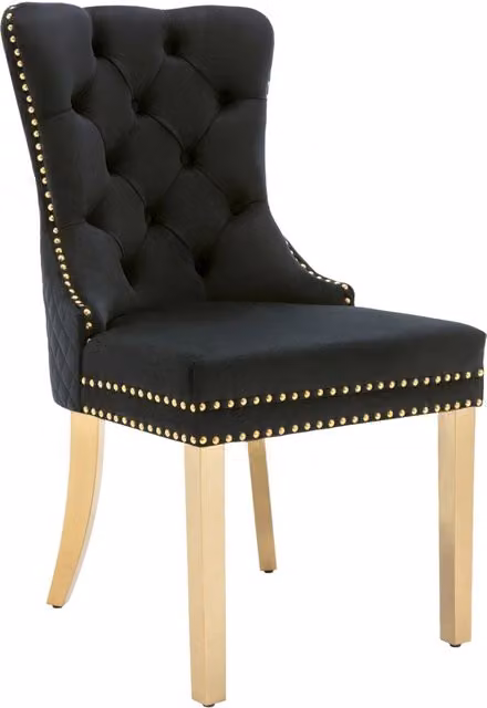 Sedia da pranzo in velluto nero con dettagli dorati e anello tondo posteriore, 50,5x45x95 cm
