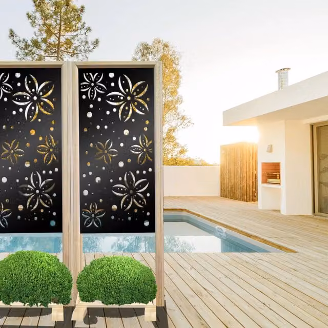 Paravento modulabile FLOWERS Signorbit in legno e PVC con motivo floreale, Colore: nero, H x L: 190 x 70 cm