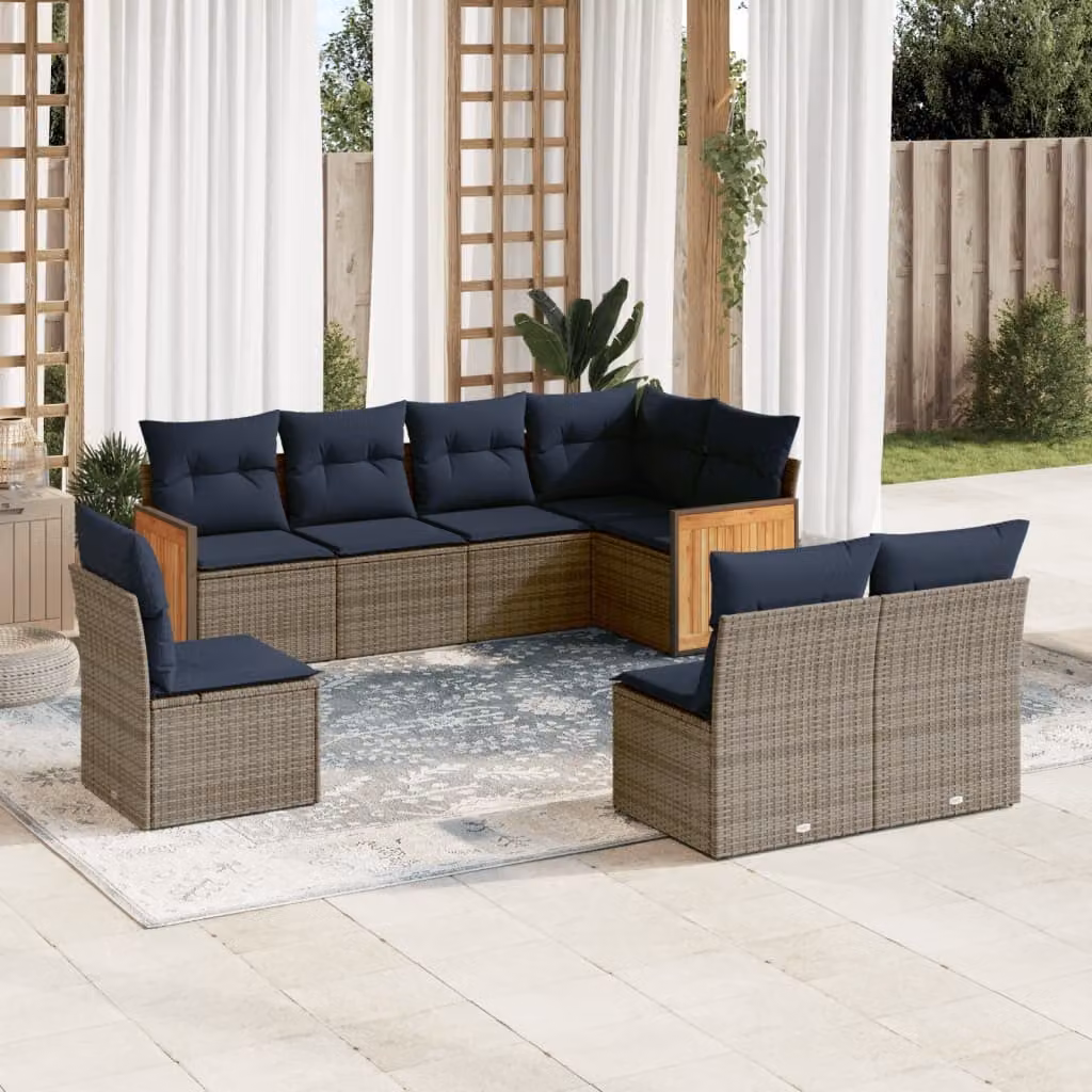 Set di divani da giardino vidaXL in polyrattan grigio con cuscini e struttura in legno di acacia, composizione a L per 8 persone