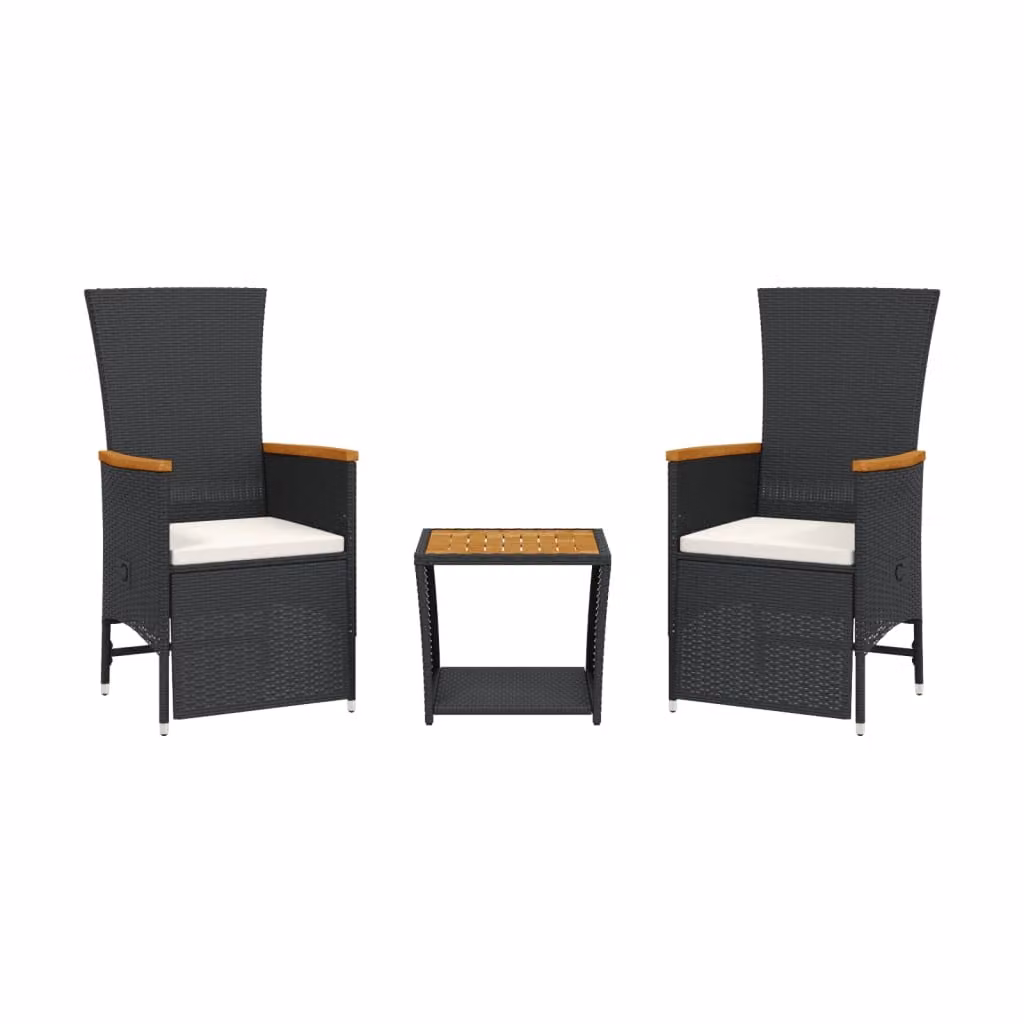 Set da Pranzo da Giardino 3 pz con Cuscini Nero in Polyrattan