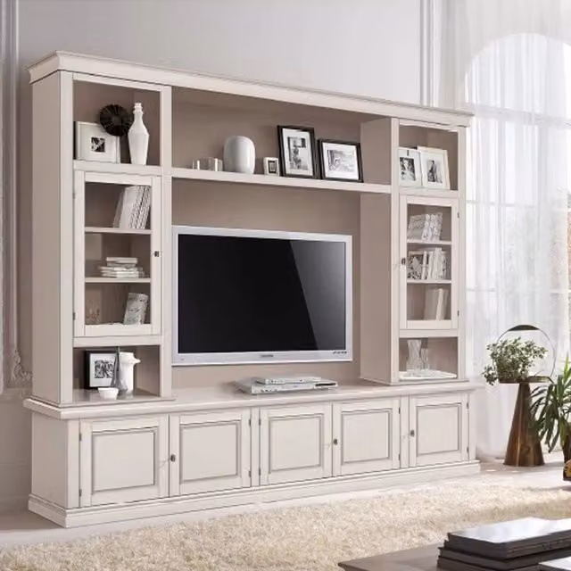 Parete attrezzata in legno di pino stile shabby chic color avorio anticato Mobili 2G L: 243 cm, P: 50 cm, H: 227 cm