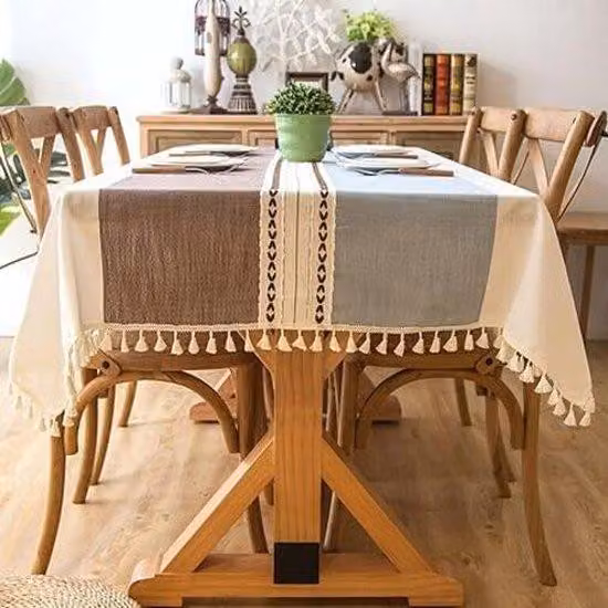 Tovaglia di cotone lino moderno strisce nappe, tovaglia in tessuto impermeabile decorazione cucina lavabile copritavolo cucina per tavolo da pranzo (strisce blu caffè, quadrato, 4 posti)