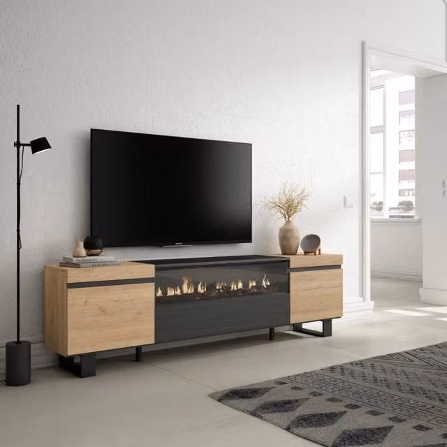 Mobile TV, 200x35x57cm, soggiorno, Per TV fino a 80", Camino elettrico, Design industriale, colore Rovere e nero RF2260