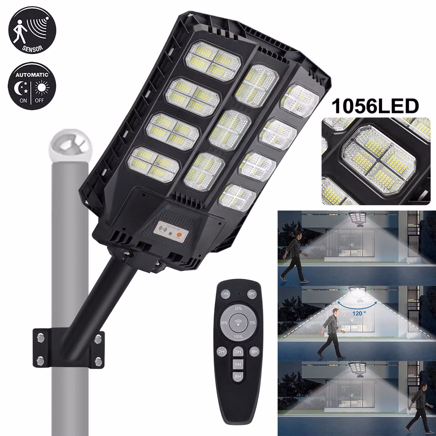 Lampione solare LED VA-Cerulean, 400W, con telecomando e sensore di movimento, grado di protezione IP65