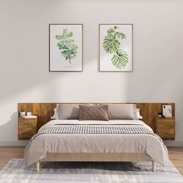 Testiera Letto con Comodini in Legno Multistrato Rovere Fumo 3115761