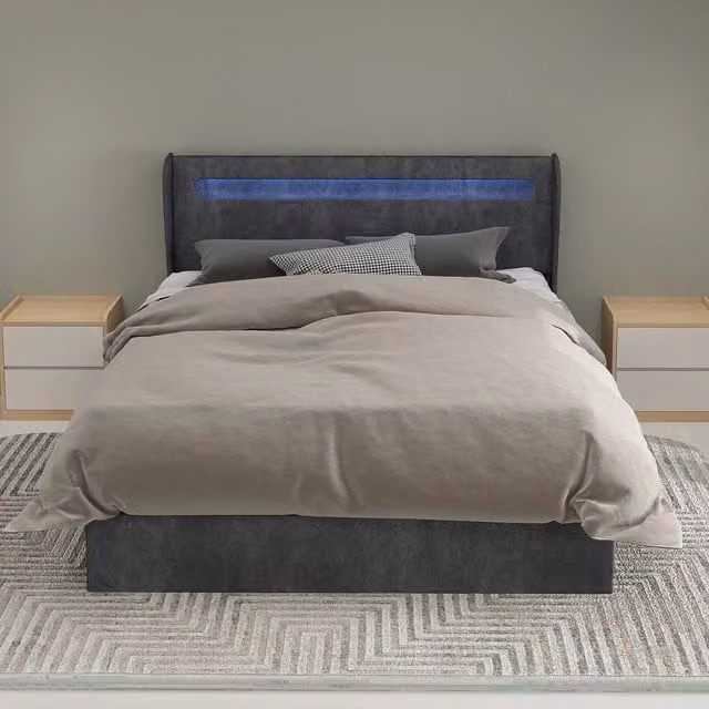 Letto imbottito contenitore con testiera LED ¨C Minimal ¨C grigio tessuto 140x200 cm