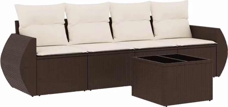 Set Divano da Giardino 5 pz con Cuscini Marrone in Polyrattan