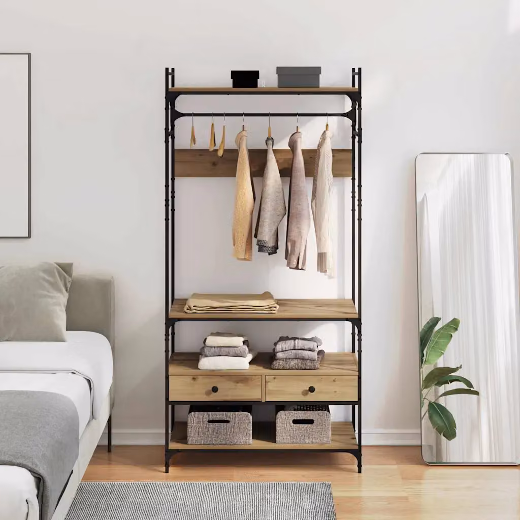 vidaXL Guardaroba in stile industriale in legno e metallo color rovere con cassetti e ripiani, L: 89 cm, P: 39 cm, H: 184.5 cm