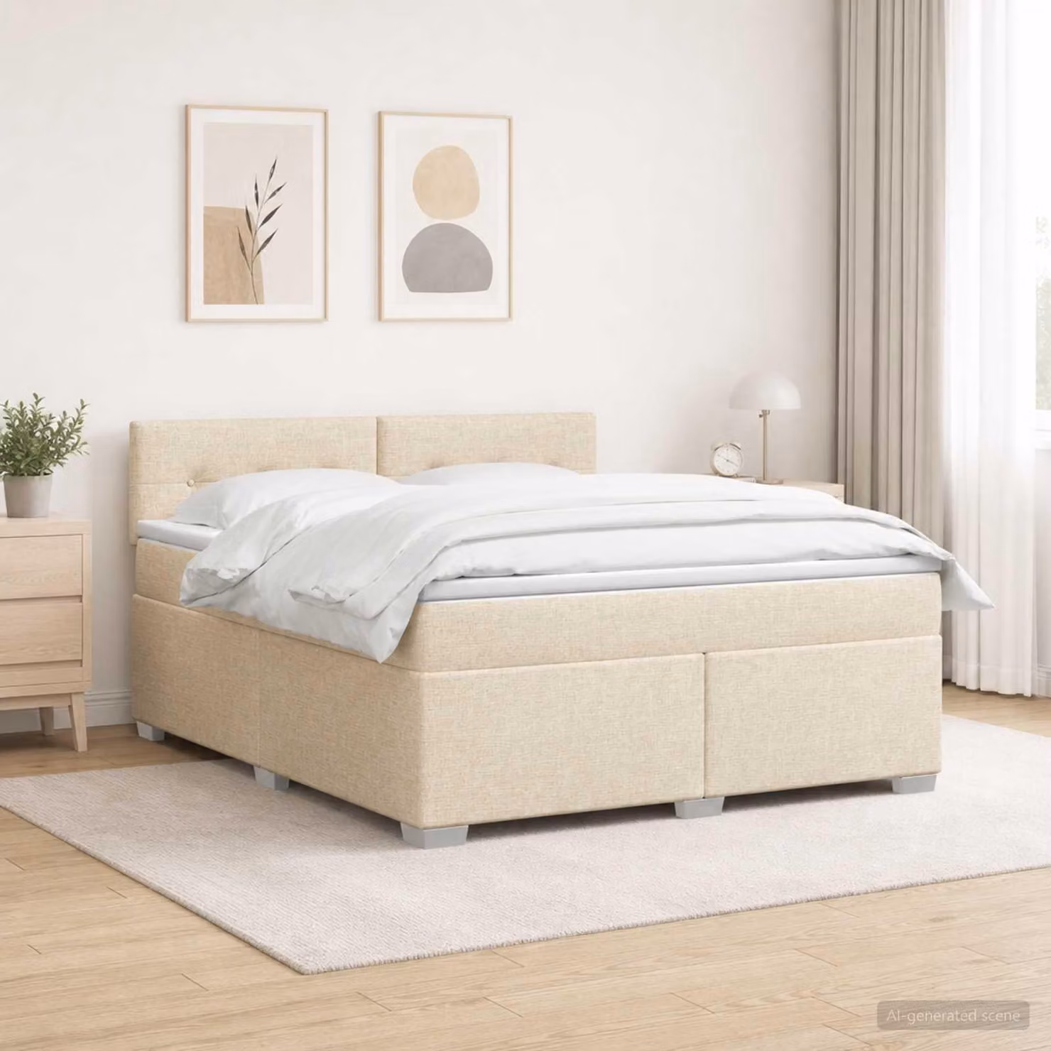 Letto con boxspring, materasso e illuminazione LED, colore crema, dimensioni 160 x 200 cm, rivestito in tessuto