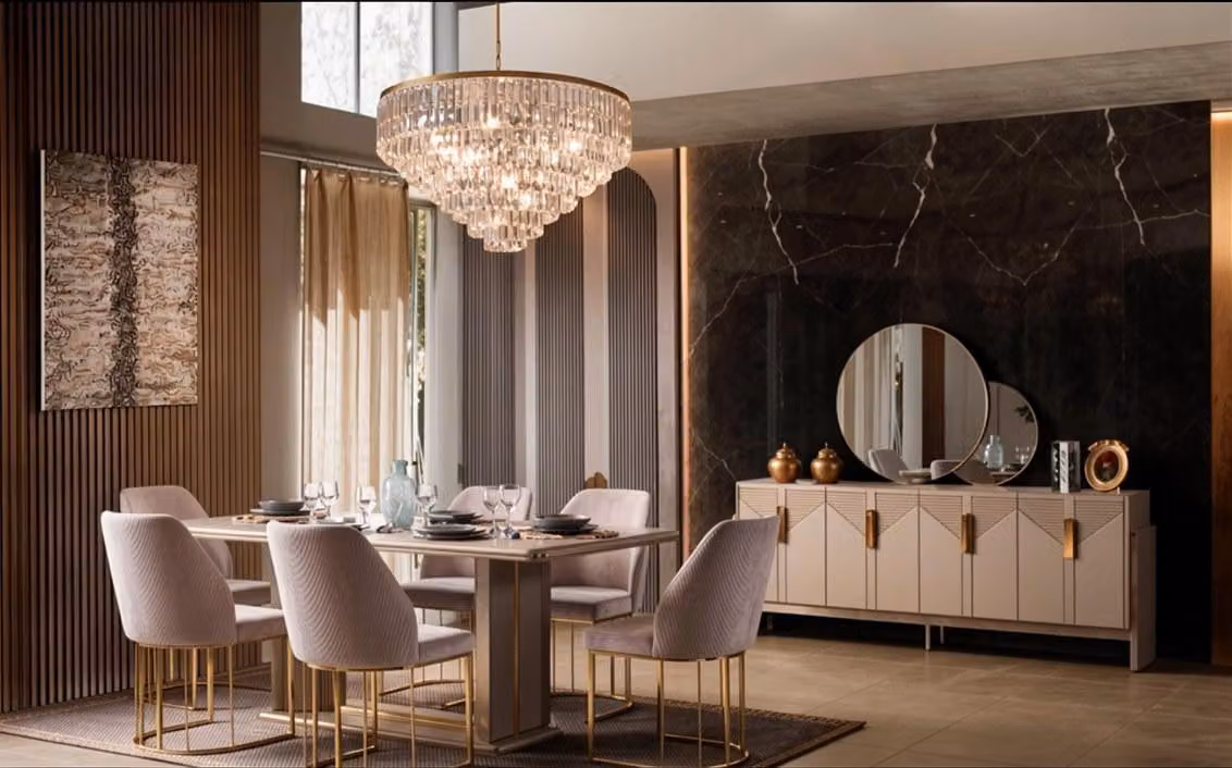 Set per sala da pranzo: tavolo da pranzo, 6 sedie, colore beige, stile moderno, pratico, elegante