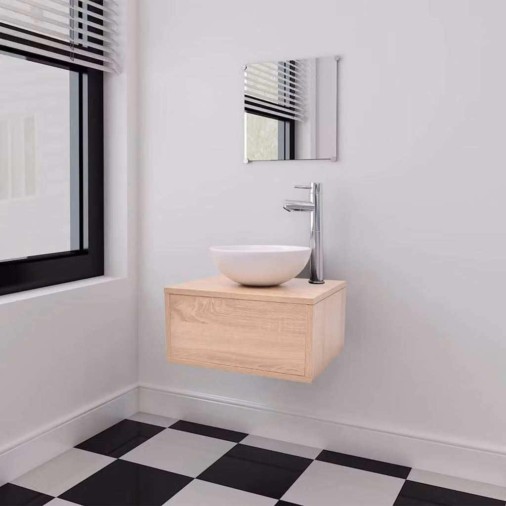 Set di mobili da bagno vidaXL 4 pezzi beige con lavabo e armadietto specchio in legno e ceramica – 1
