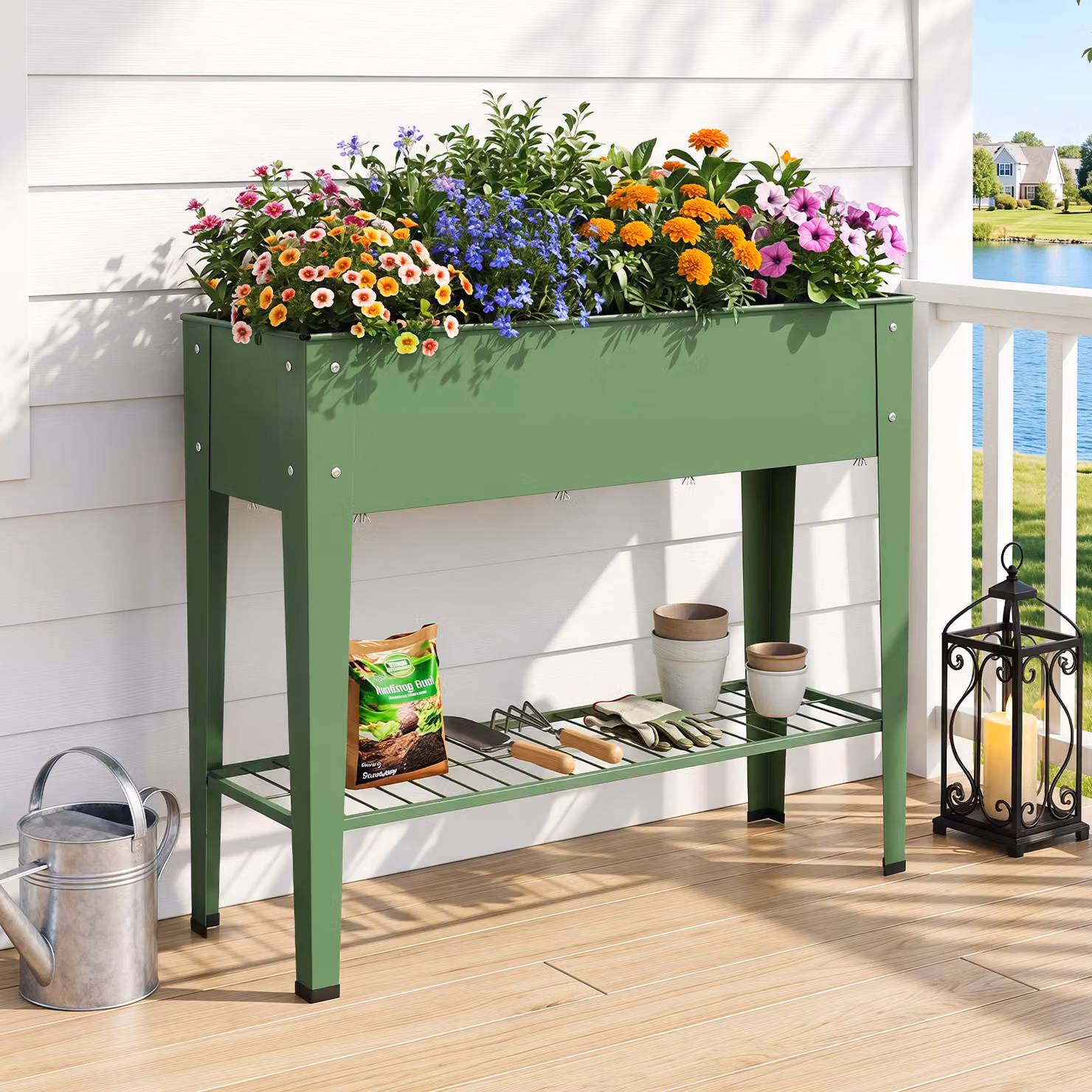 Fioriera rialzata rettangolare Costway in metallo verde con ripiano in rete e fori di drenaggio per orto o giardino ornamentale