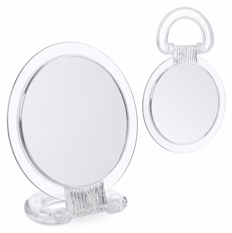 Relaxdays Specchio con manico ribaltabile, set da 2, specchio da mano bifacciale, ingrandimento 2x, da tenere in mano o appoggiare, trasparente