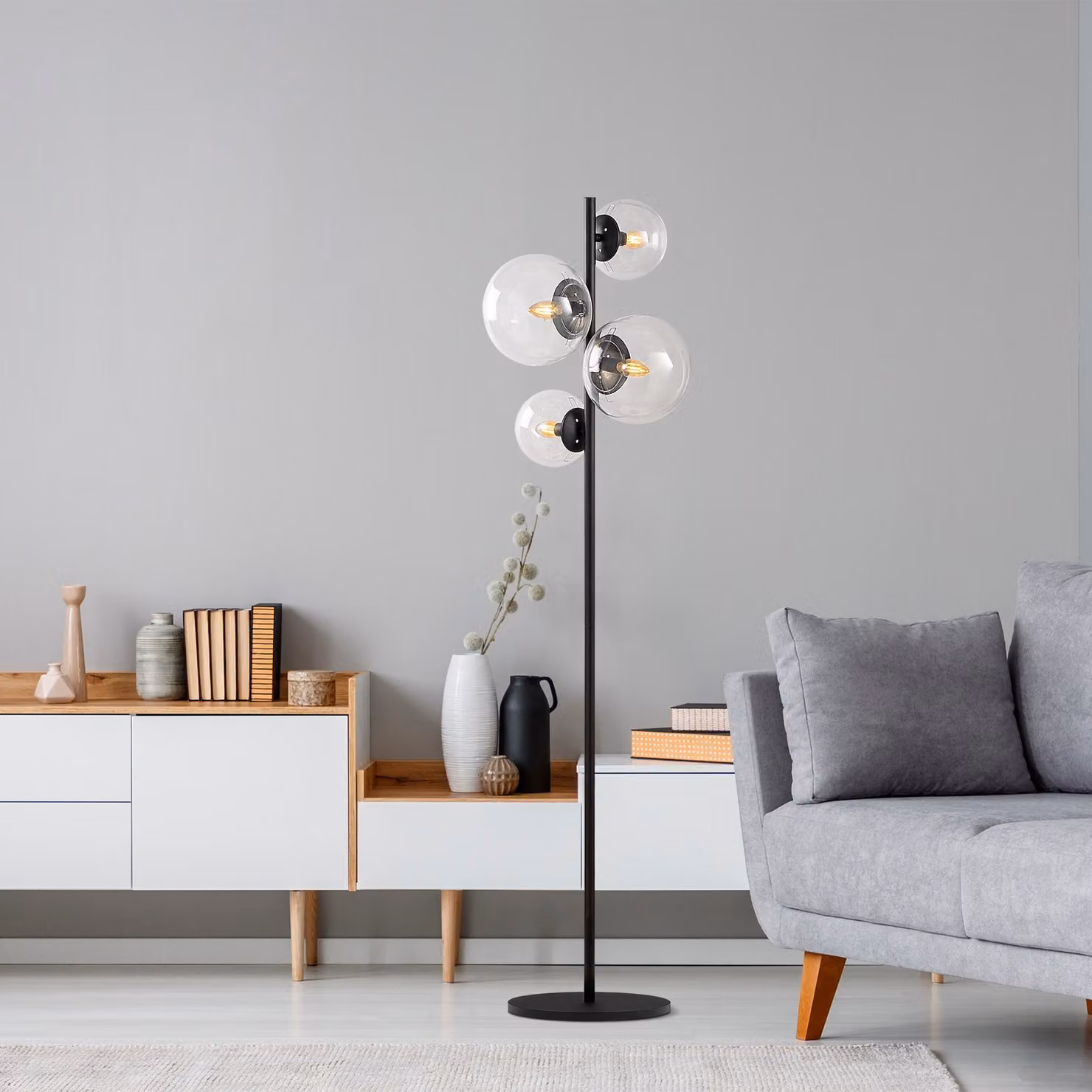 Opviq, lampada da terra di alta qualità, struttura in metallo, nera, 33 x 33 x 162 cm | 4 attacchi E14, max. 40 W | 2 paralumi in vetro (20 cm e 15 cm) | Design moderno e industriale adatto a qualsiasi ambiente.