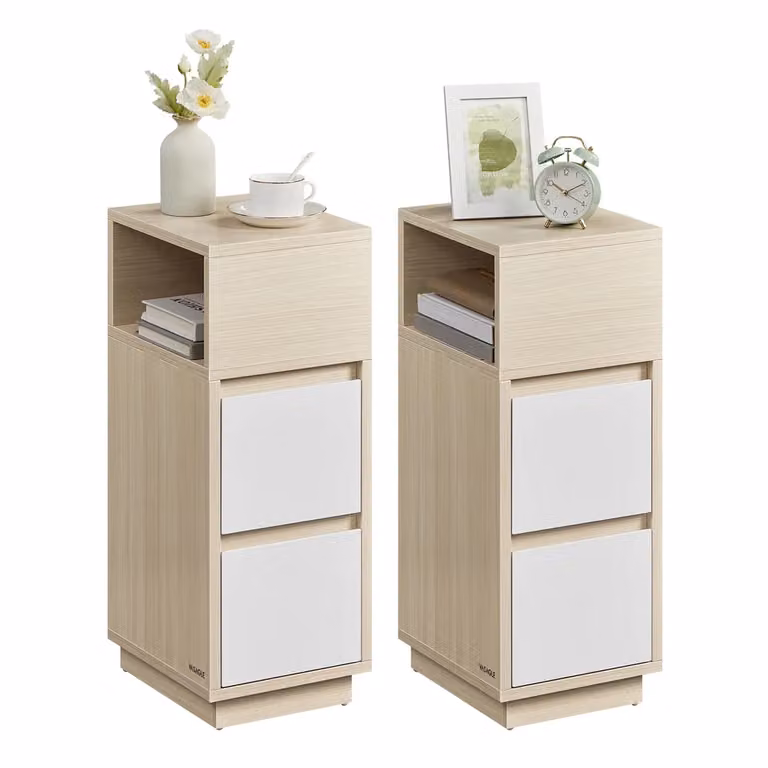 Comodino Stretto con Cassetti e Scomparto Aperto Montato verso Sinistra o Destra, Beige Naturale + Bianco Nuvola / 2