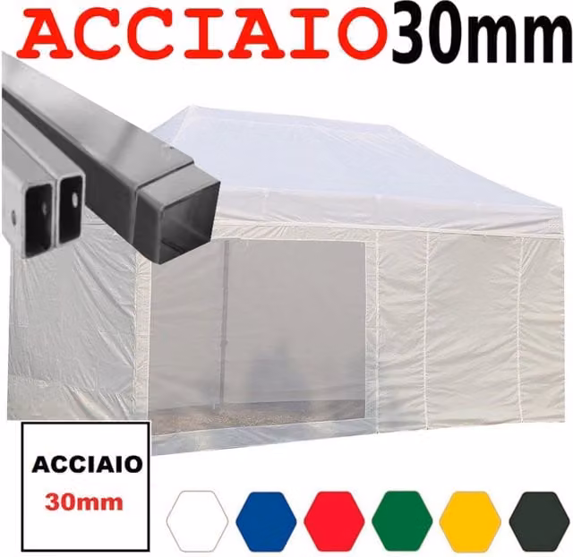 Gazebo 3x6 m bianco pieghevole portatile estendibile richiudibile estensibile acciaio con laterali per fiere eventi stand chiosco tenda tendone mercato mercatino