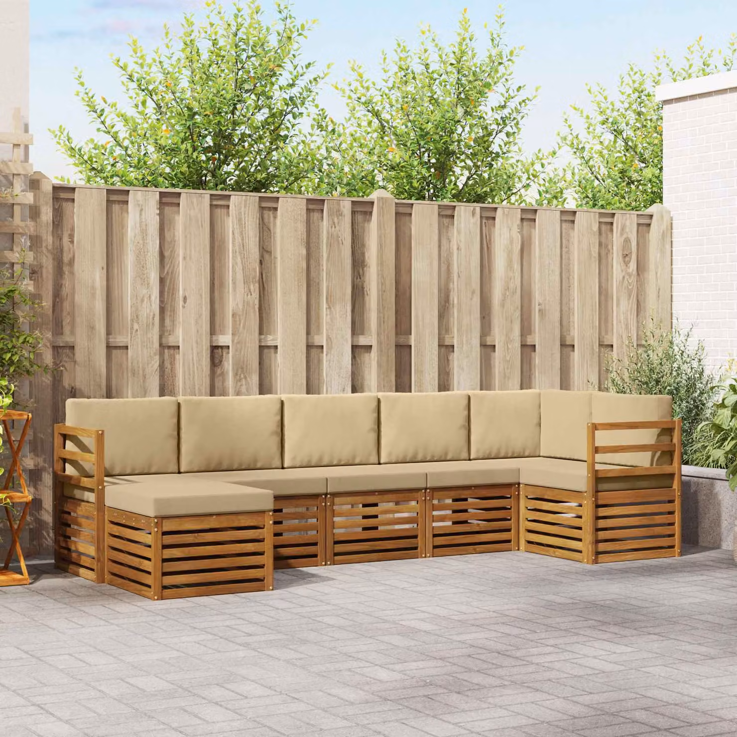 Set di divani da esterno vidaXL 7 pz in legno di acacia con cuscini, forma a L, colore beige e marrone