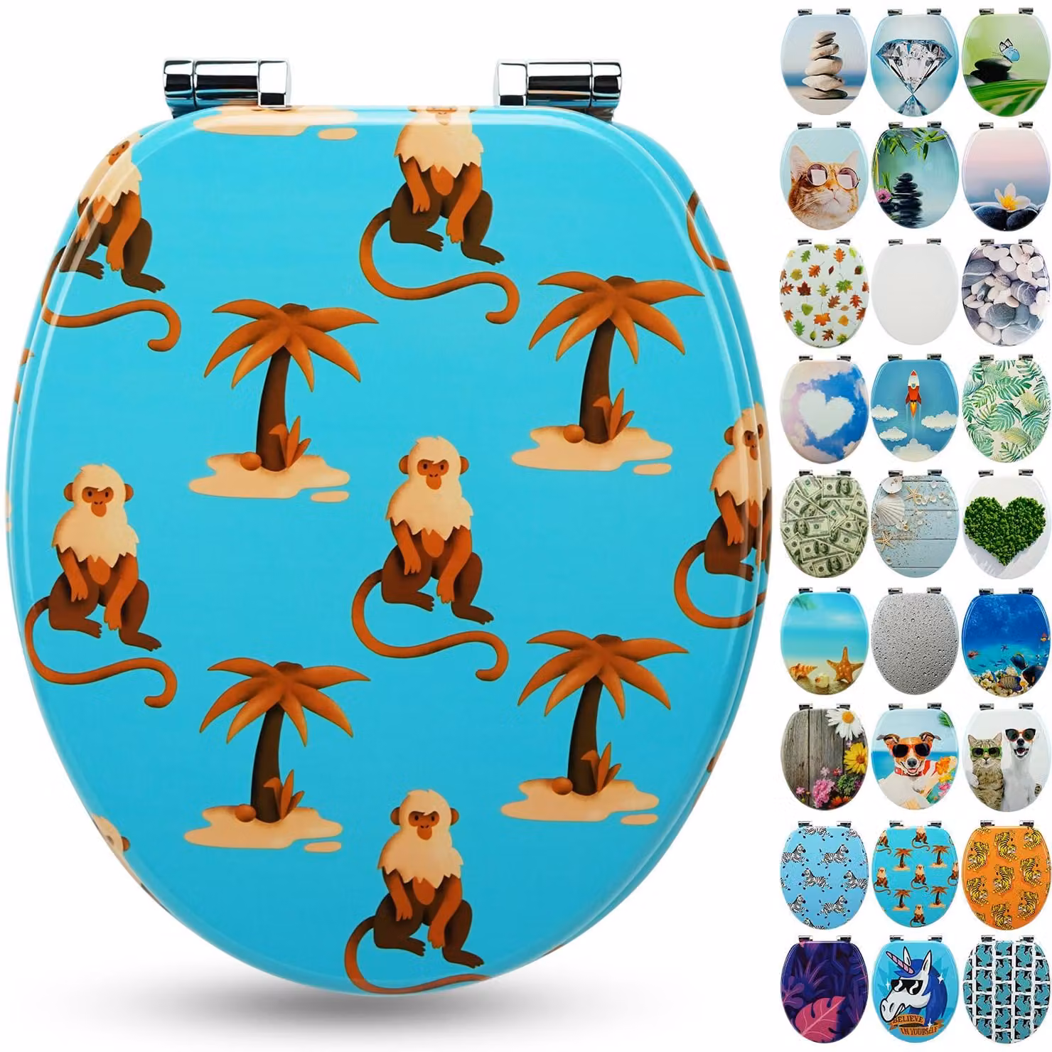 Sanfino® Sedile per WC "Monkey Island" di alta qualità, con sistema di chiusura rallentata, realizzato in legno, disponibile in molti motivi colorati, facile da installare