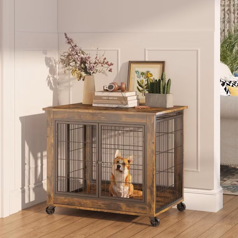 Trasportino per cani in stile mobile Cuccia in legno Tavolo 80x56x69,5 cm Doppia porta Tetto apribile Rotelle Cuccia per cani Interno Vintage Marrone