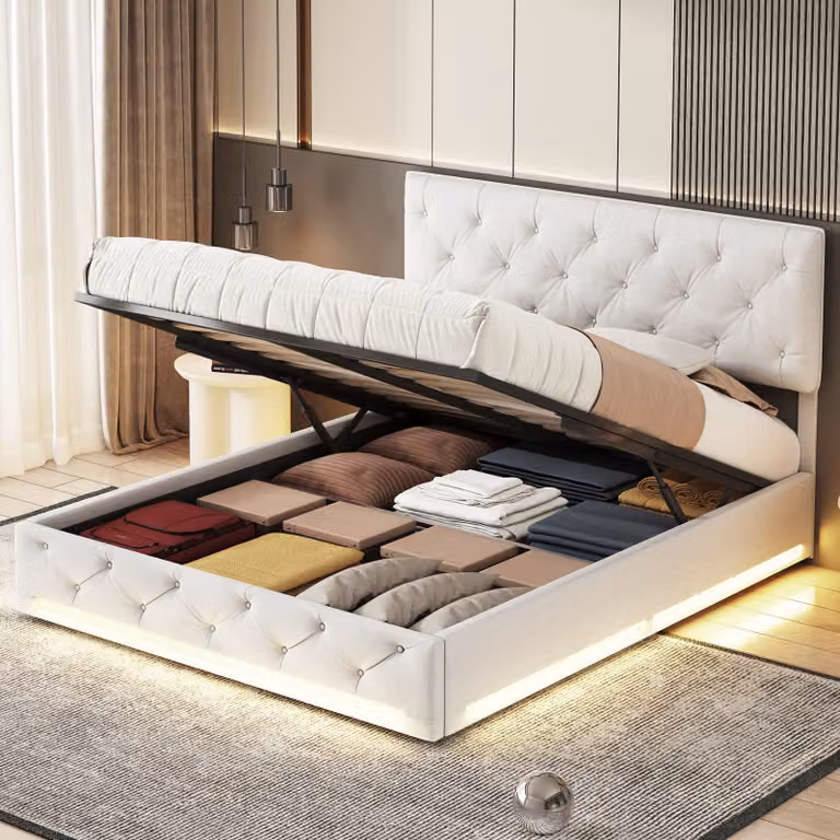 Letto 160x200 cm con contenitore, rete a doghe e testiera LED, color beige