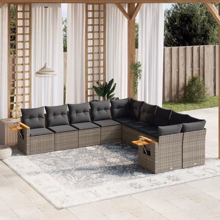 Set Divano da Giardino vidaXL 10 pz in Polyrattan Grigio con Cuscini e Tavolino