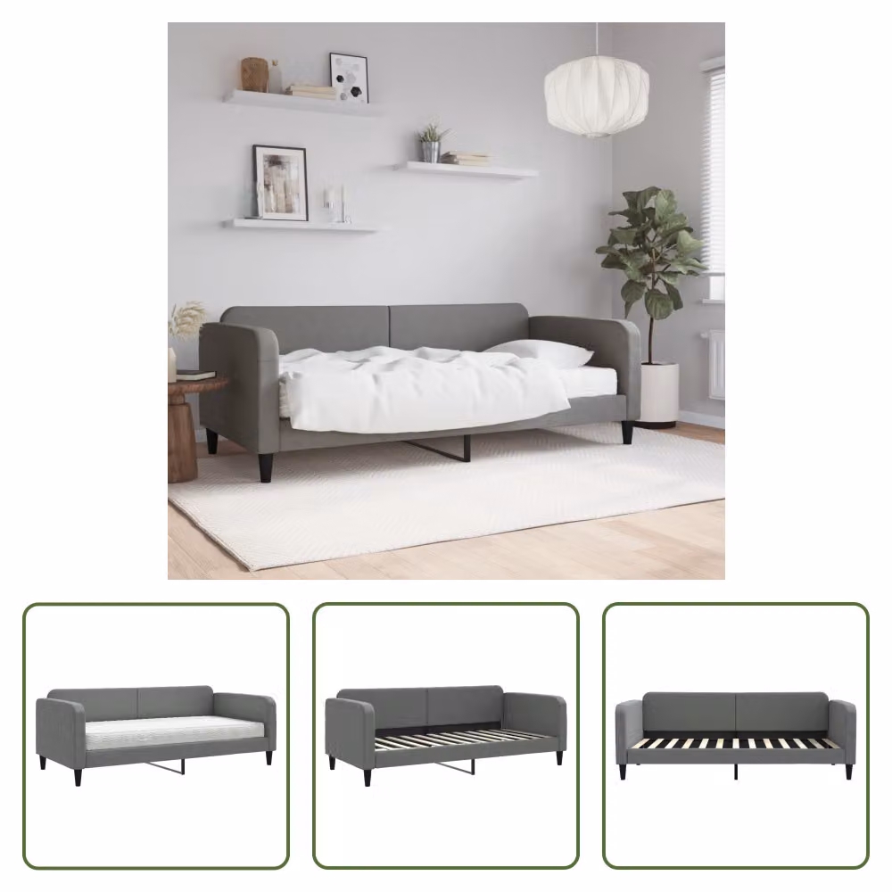 The Living Store Letto da giorno con materasso grigio scuro 90x200 cm in tessuto