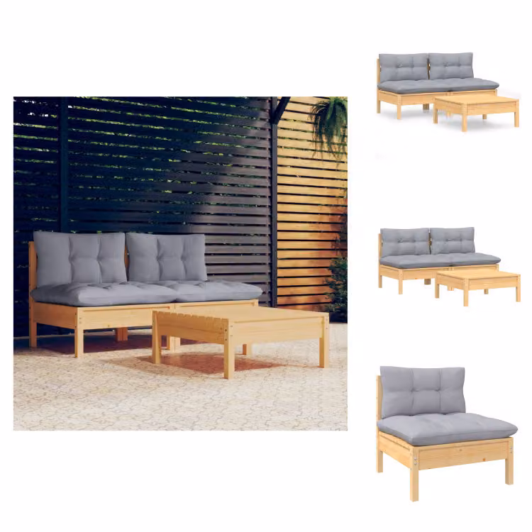 vidaXL Set di 3 pezzi da giardino con cuscini grigi in legno di pino - Set di mobili da giardino